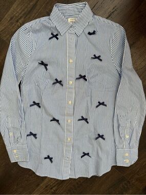 J.Crew Blue Stripe Bow Button Down Shirt XXS Coquette Preppy Coastal Cotton
